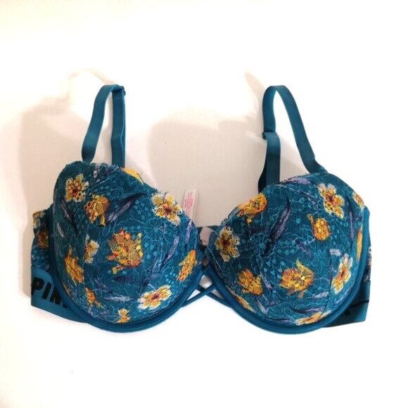 Victoria Secret Pink Date Push-up Strappy Padded Blue Floral Lace Bra 36DD - Picture 1 of 7